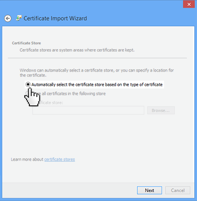 Sample image of the dialog use to select the certificate store to install the certificate to