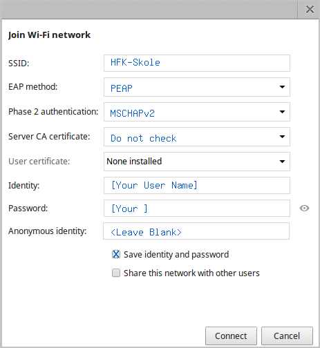 Sample image showing how the wifi network settings should be set