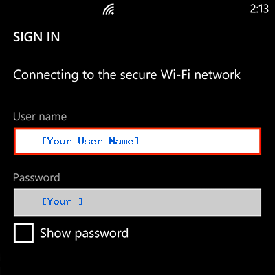 Sample image showing how to enter a user name and password in to the wifi dialog