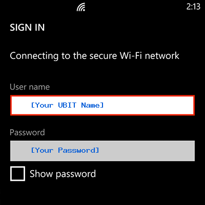 Sample image showing how to enter a user name and password in to the wifi dialog
