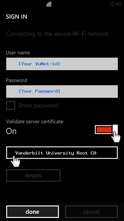 Sample image showing how to enter a user name and password in to the wifi dialog